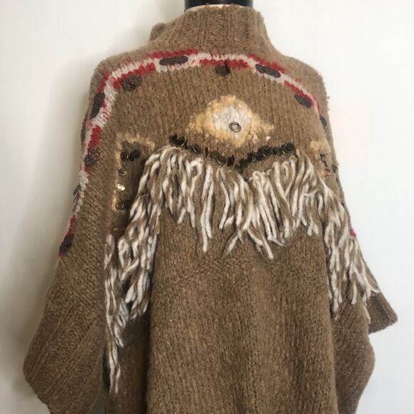 Free People Brown Fringe Oversized Poncho Sweater XS - Picture 9 of 16